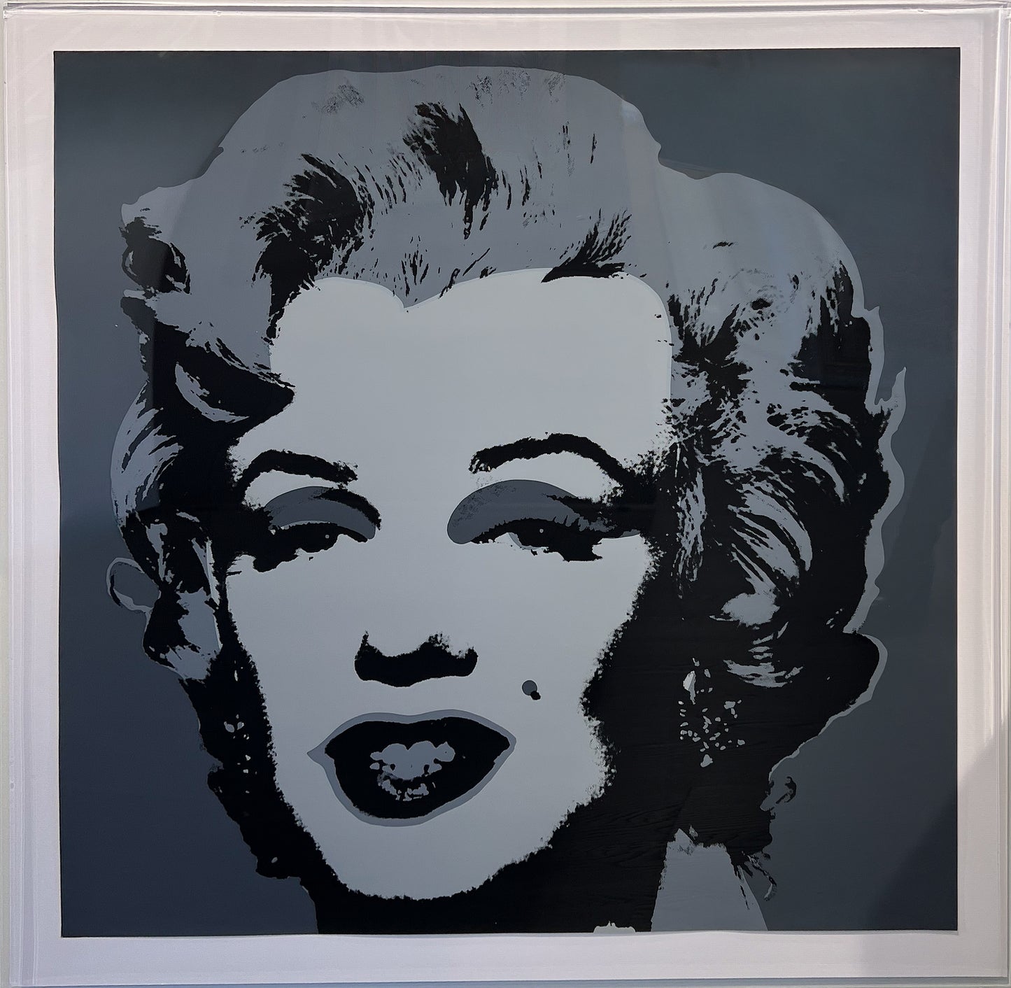 Sunday B. Morning screenprint of Marilyn Monroe in silver and charcoal grey, expertly framed and available at Creed Gallery Ascot.