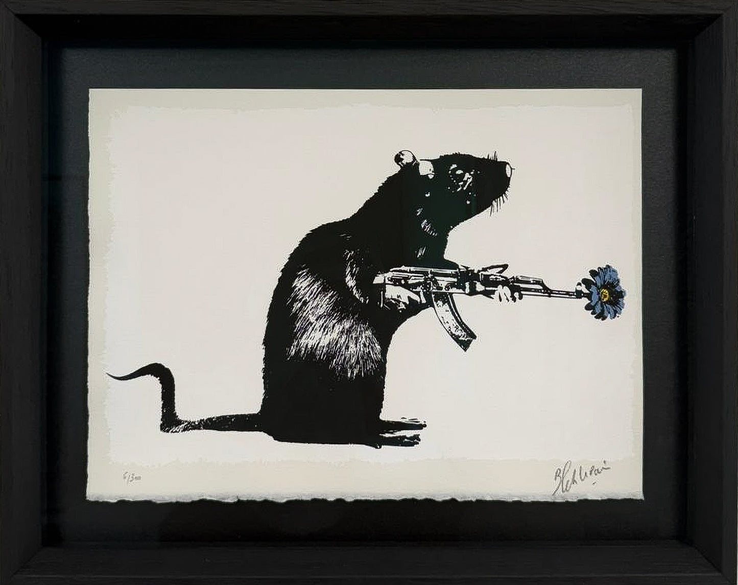 Blek le Rat screenprint The Warrior: a stencilled rat holding a rifle with a blue flower in the barrel