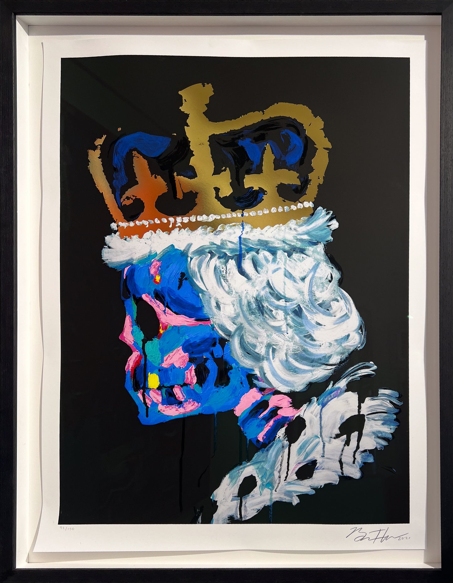 Bradley Theodore skeletal profile portrait of Queen Elizabeth II in a gold crown and ermine-trimmed robe, blue and pink palette