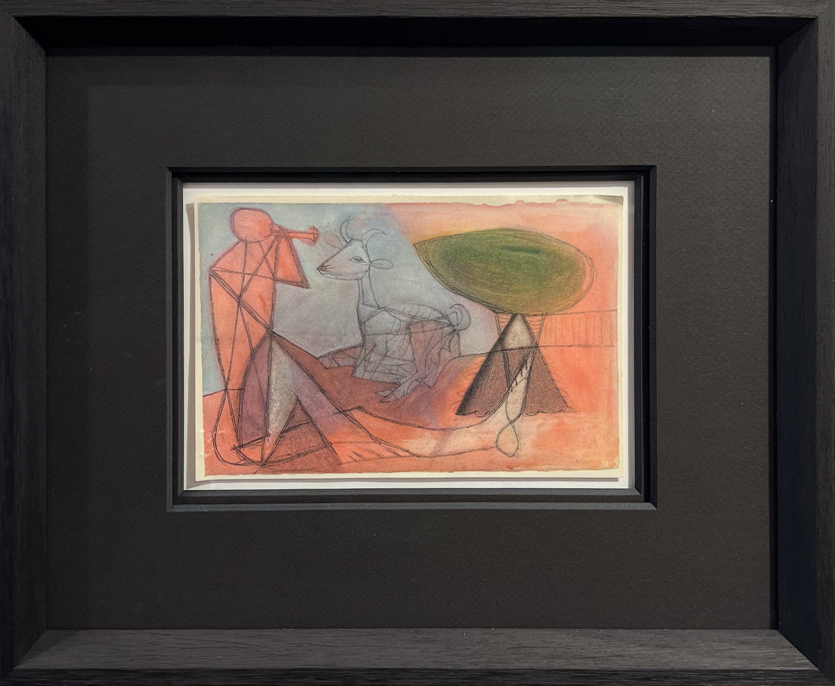 Picasso ink and watercolour sketch of a horned flute-playing figure and a goat on a rose-coloured ground