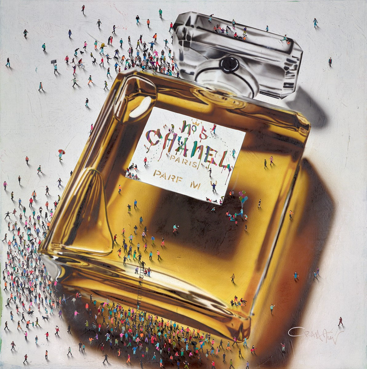 Gold Chanel perfume bottle with people around it on a white background
portrait
pop art
perfume
original
optical illusion
New York City
love
icons
Craig Alan
contemporary art
Cocotte
Chanel No.5
Chanel 5
Framed Artwork For Sale London