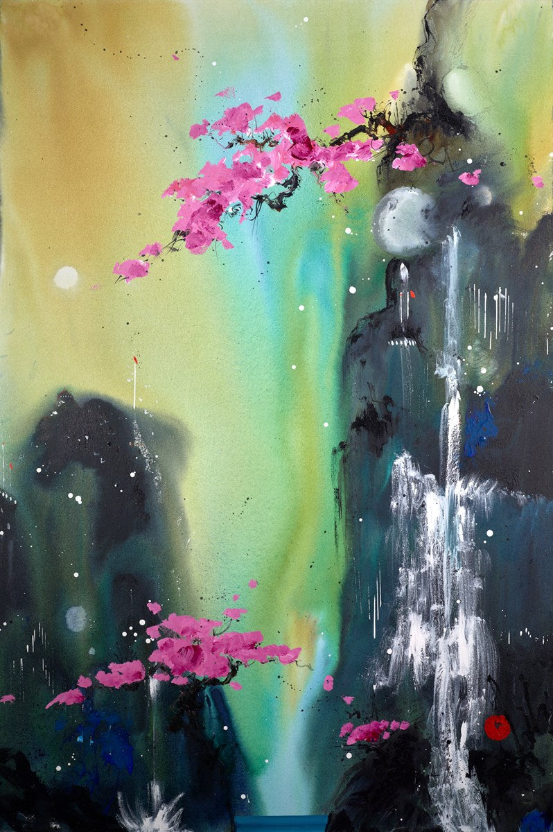 Abstract painting with pink flowers, a waterfall, and a colourful background.
original landscape Heaven's Reach floral Danielle O'Connor Akiyama contemporary art colourful abstract Ascot For Sale Artwork Framed