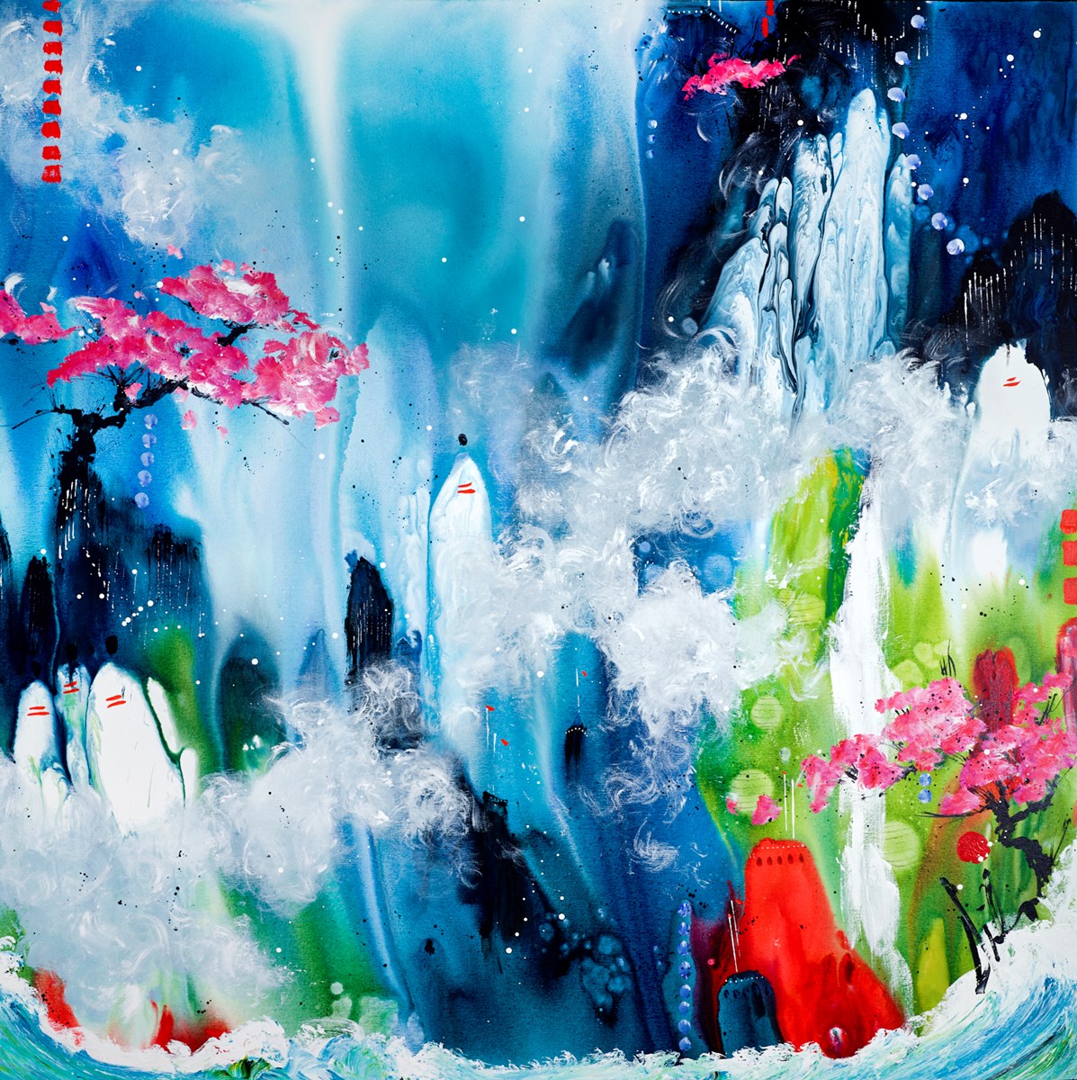 Colourful abstract painting with blue water, pink flowers, and red structures.
Rarefield Vision original landscape floral
Danielle O'Connor Akiyama contemporary art colourful abstract Framed Artwork London For Sale