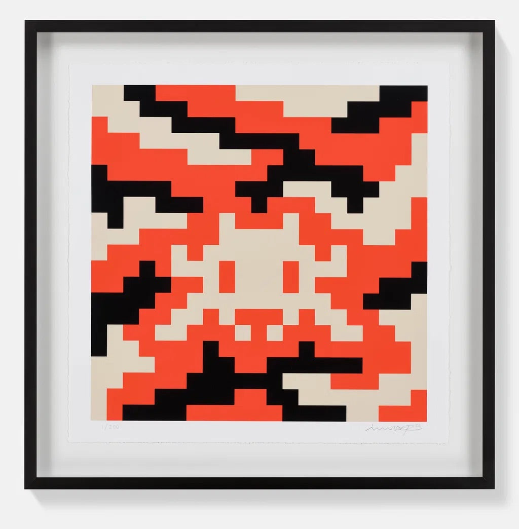 Framed abstract art with red, black, and beige pattern on a white background
urban art street art Space Invader signed portrait pop art orange Invader Heni edition contemporary art colourful camoflague CAMO S-3C-M4 book covers black and white Surrey Framed Artwork For Sale