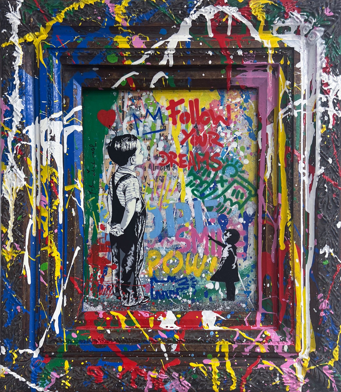 Artistic depiction of a child holding a spray can with 'Follow Your Dreams' and 'Pow!' text, framed by colourful graffiti.
With All My Love
street art
spray can
romantic
portrait
pop art
painting
original
Mr. Brainwash
love
contemporary art
colourful
For Sale Surrey