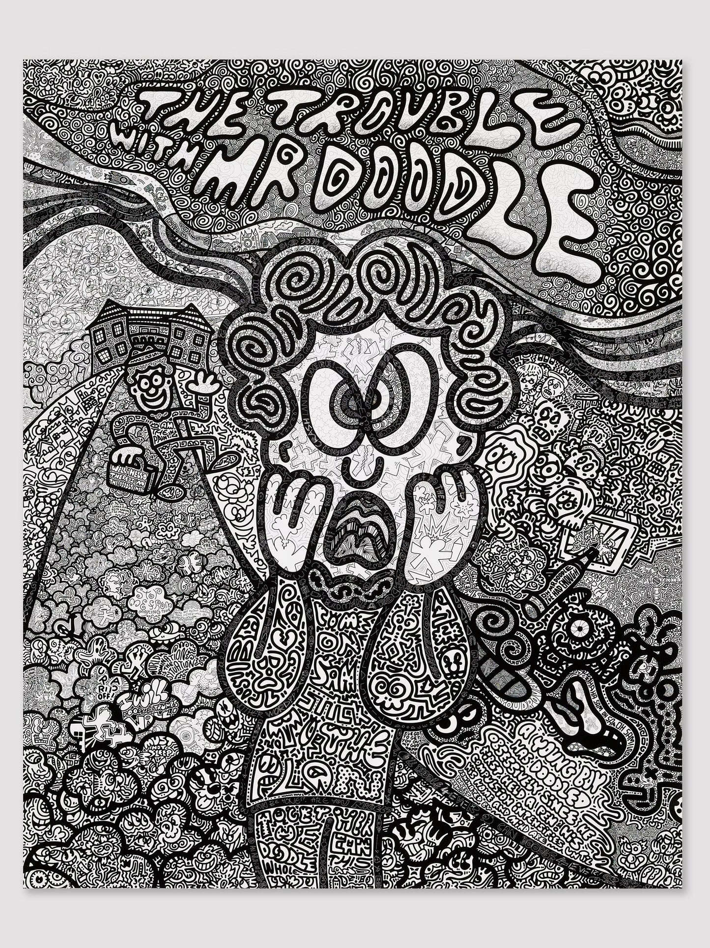 Black and white illustration of a character with text 'The Trouble with Mr. Doodle' on a textured background.
The Trouble with Mr Doodle
street art
signed limited edition
print
portrait
pop art
political art
original
Mr Doodle
heart
film poster
film
edition
Doodle for Ukraine
contemporary art
colourful
collector's item
Alien Town
Framed Artwork For Sale Ascot