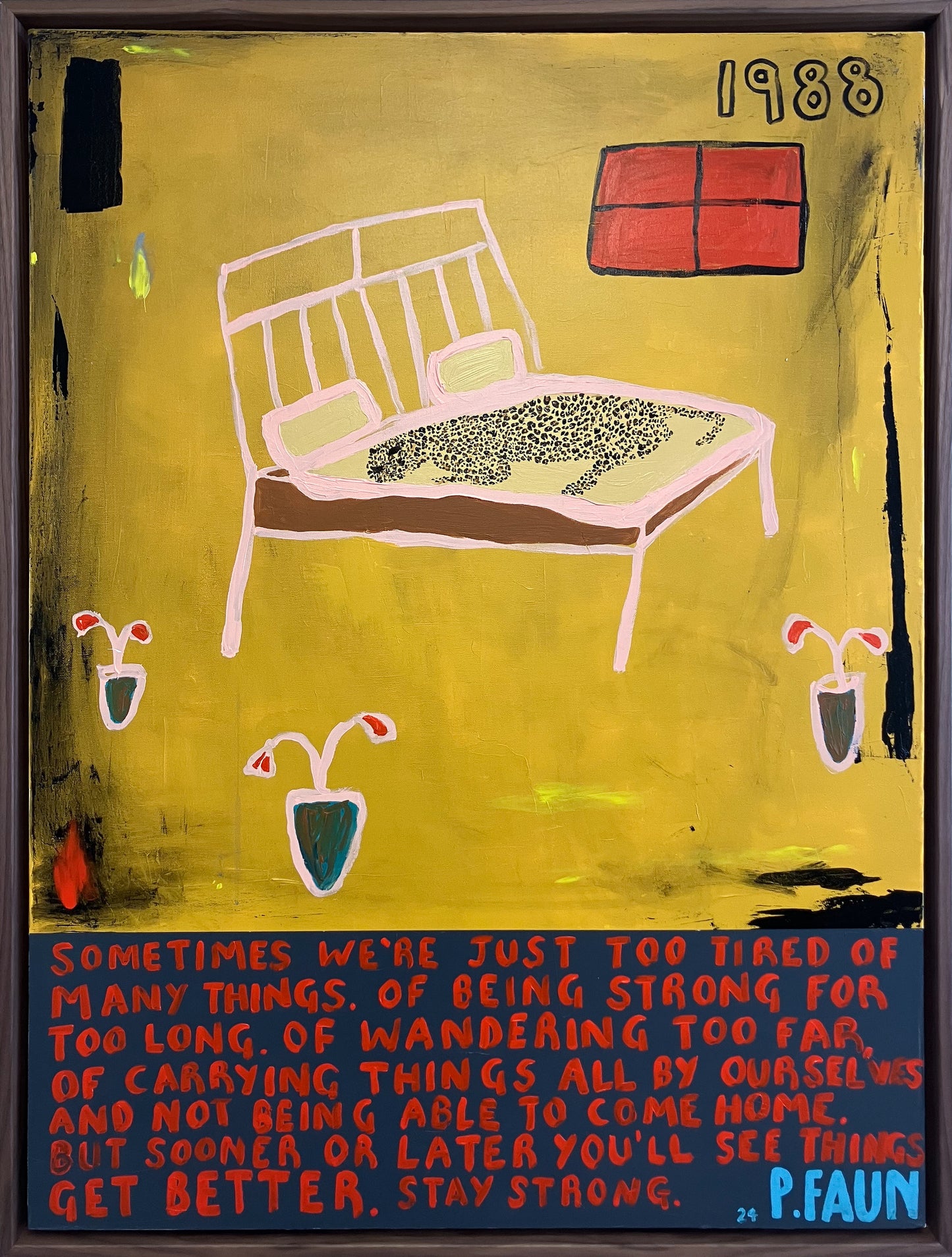 Artistic depiction of a bed with a yellow background and text at the bottom.
Stronger Everyday
still life
portrait
Poppy Faun
pop art
original
figurative
contemporary art
1988
Flowers
Framed Artwork For Sale Ascot