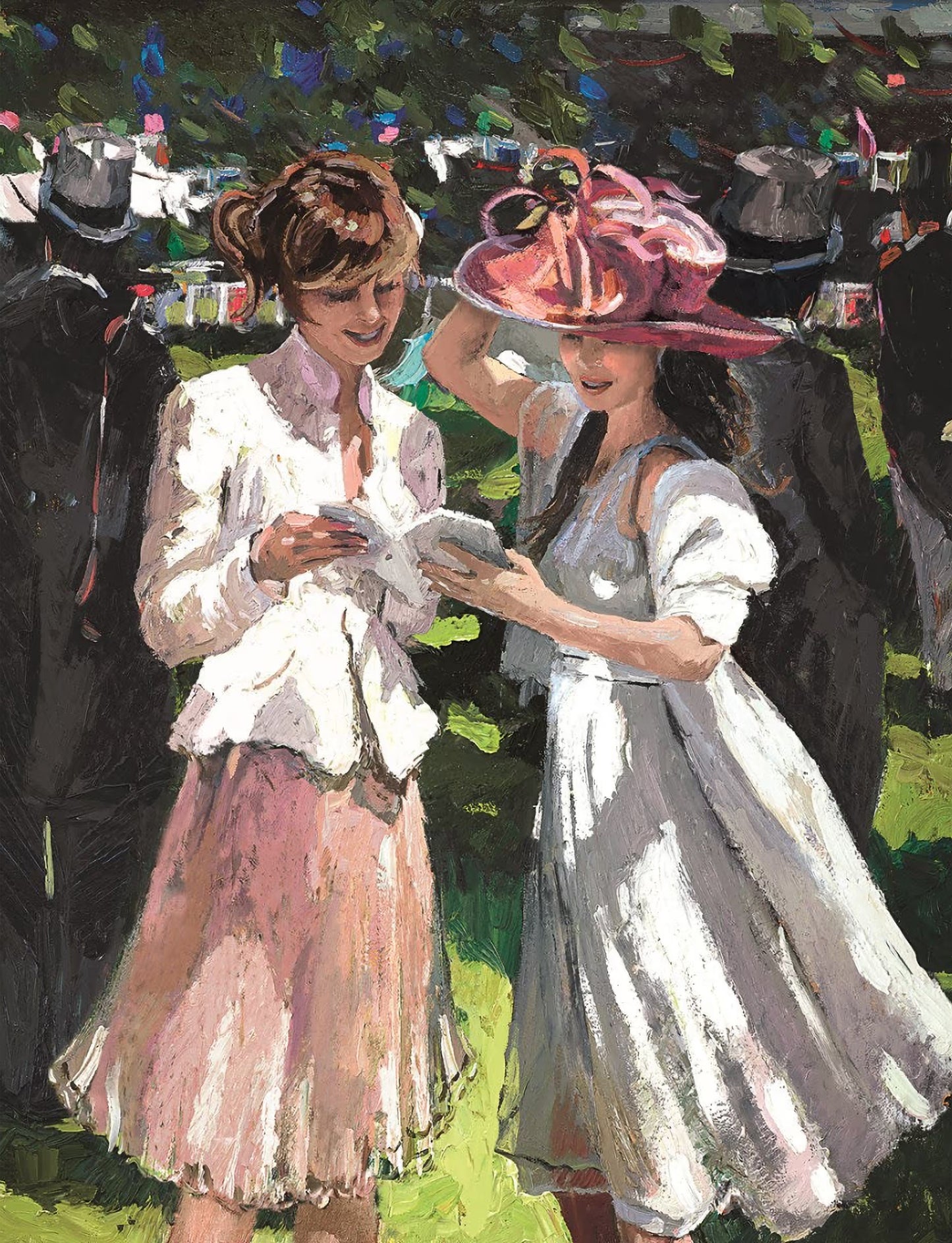 Two women in formal attire with a colourful hat, surrounded by other people in a social setting.
society scenes
signed limited edition
Sherree Valentine Daines
Royal Ascot Ladies Day II
Royal Ascot
portrait
painting
impressionist
fine art
edition
contemporary art
British
Ascot Races
Ascot
Framed Artwork For Sale London