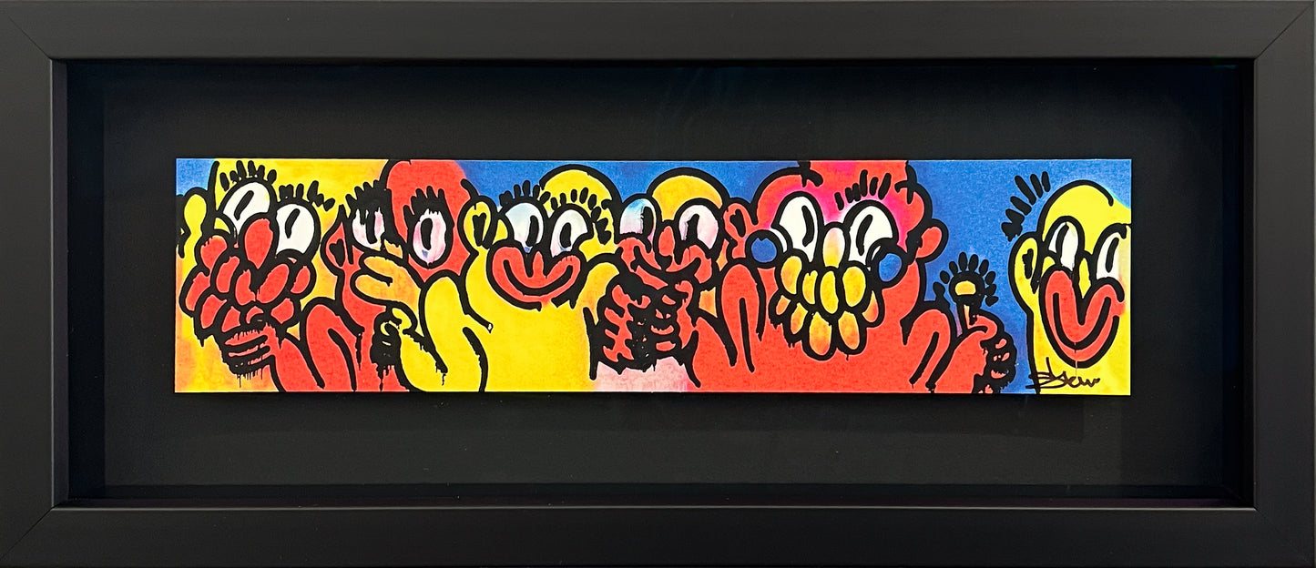 Original mixed-media artwork titled Landscape Study III by Nigerian-British artist Olaolu Slawn. Features a panoramic lineup of deconstructed 'clown' figures in vibrant red, yellow, and orange against a deep cobalt blue background. Rendered with bold, dripping black ink and spray paint on paper.