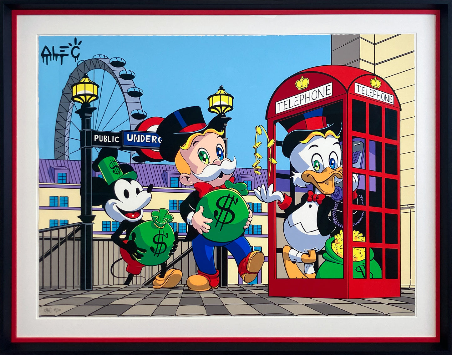 Alec Monopoly London Money Bags: Richie Rich and Monopoly Man with money bags in London, hand-finished pop art.