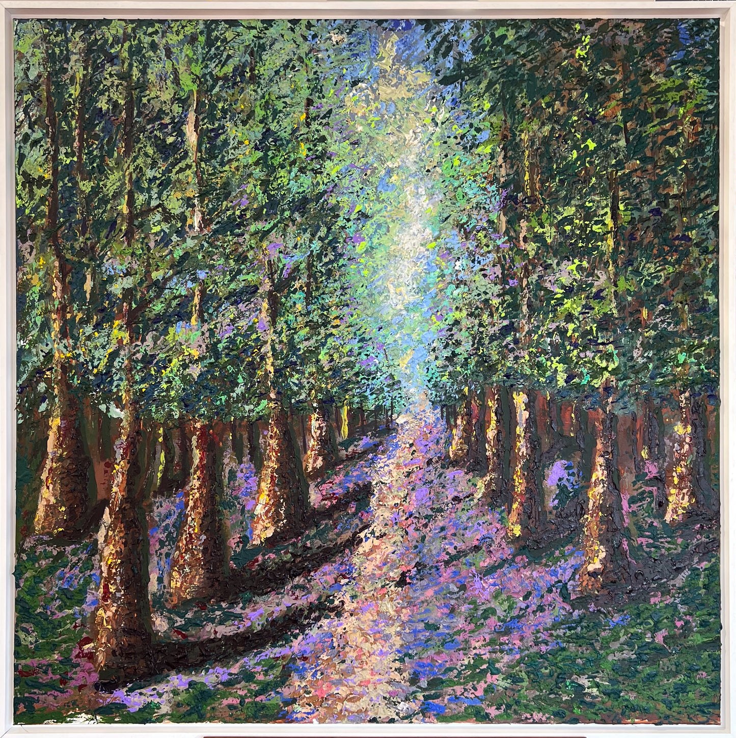 Helena Jay's original Light Between The Trees, layered ecological symbolism in the artist's signature palette
