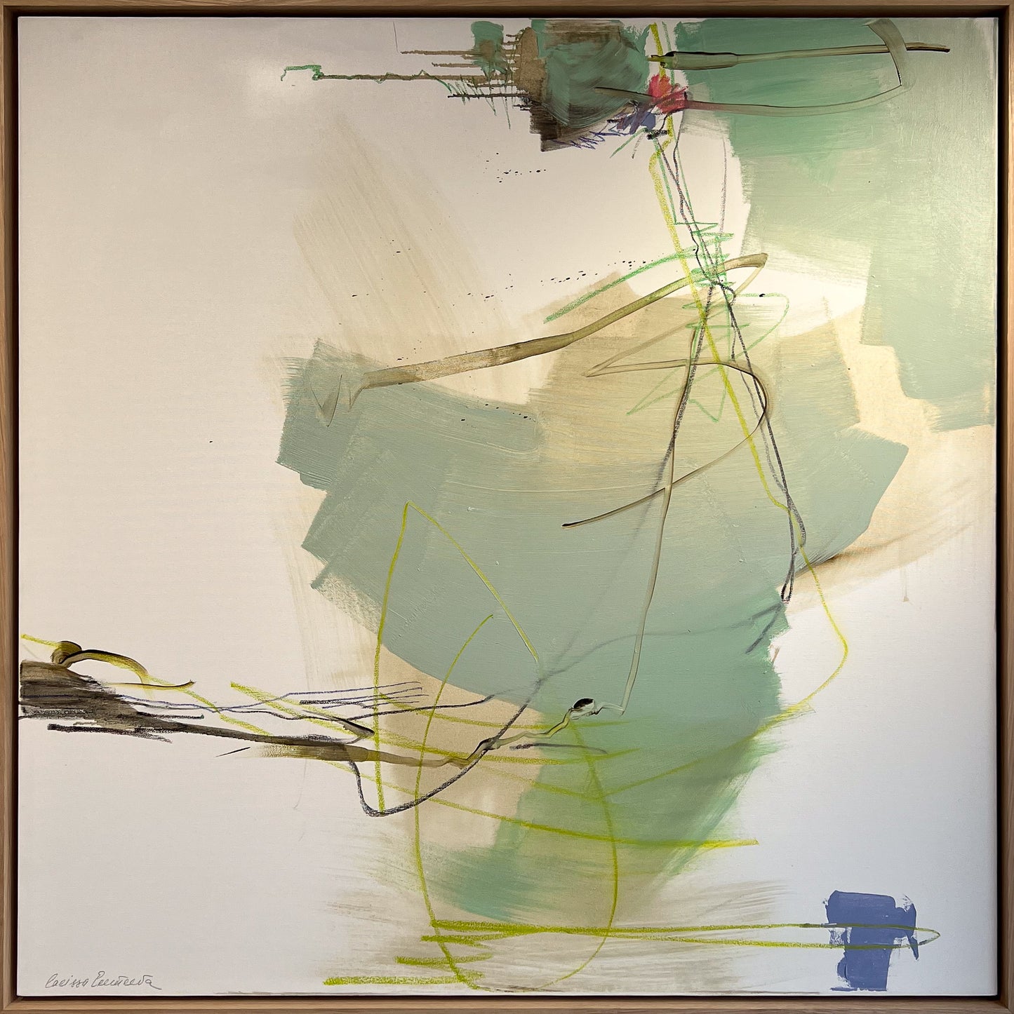 Larissa Eremeeva's The Thought That Tried To Get Away, a gestural oil painting in sage green, cream and yellow-green with charcoal marks