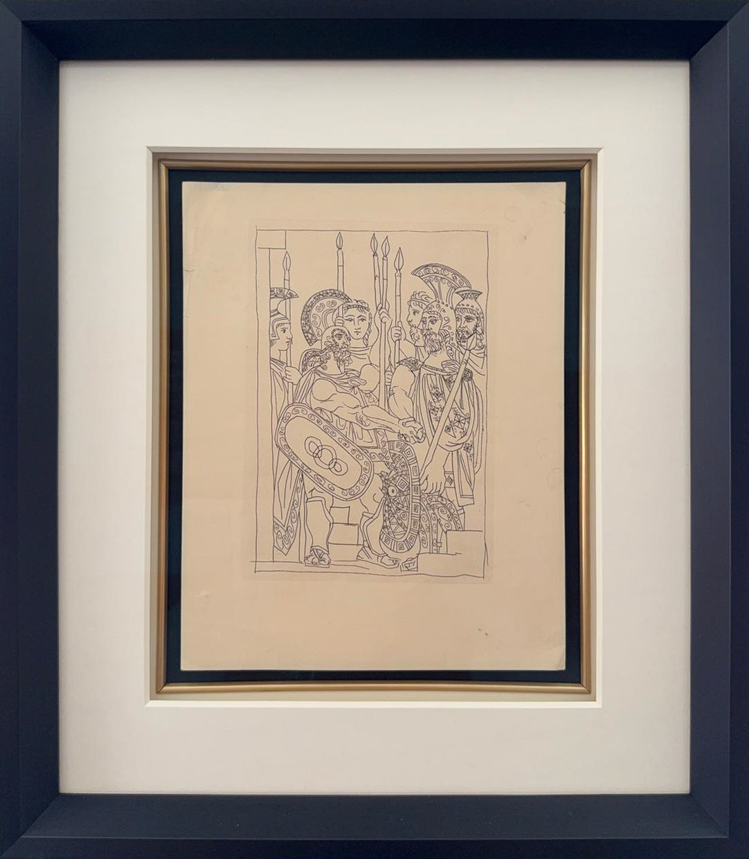 Picasso's etching Accord between the Warriors of Sparta and Athens, a Greek frieze-style composition of soldiers with spears and shields