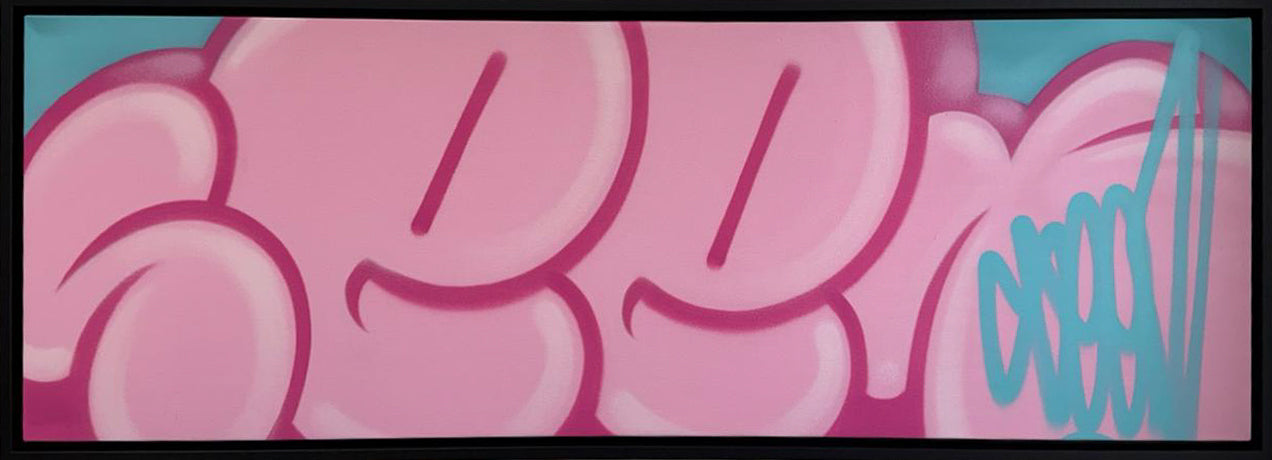 Seen's original spray paint Tag in bubble gum pink, a long sweeping letterform on canvas