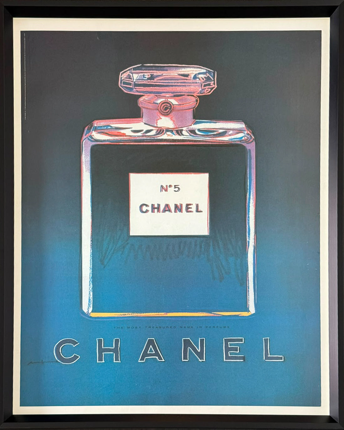 Andy Warhol's Chanel No.5 (Blue), the iconic perfume bottle rendered in flat blue Pop Art palette