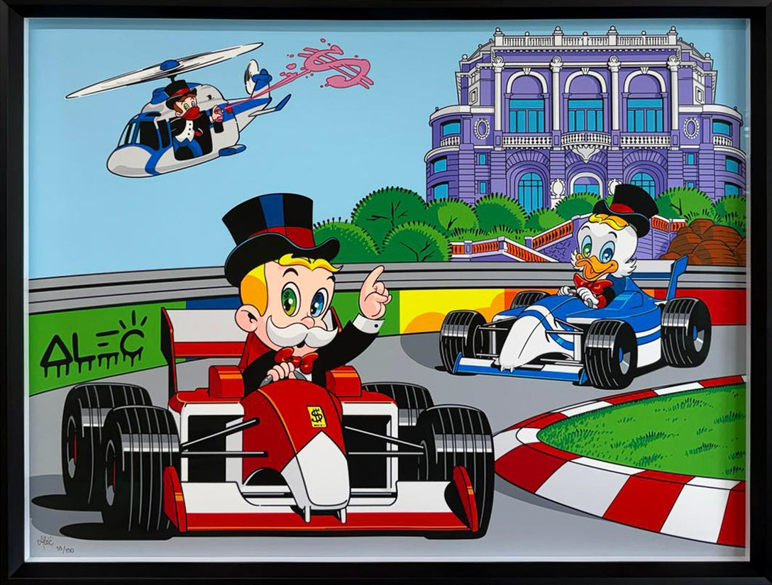Alec Monopoly's Monaco Grand Prix, a 29-colour silkscreen of Rich Uncle Pennybags trackside at the Formula 1 race