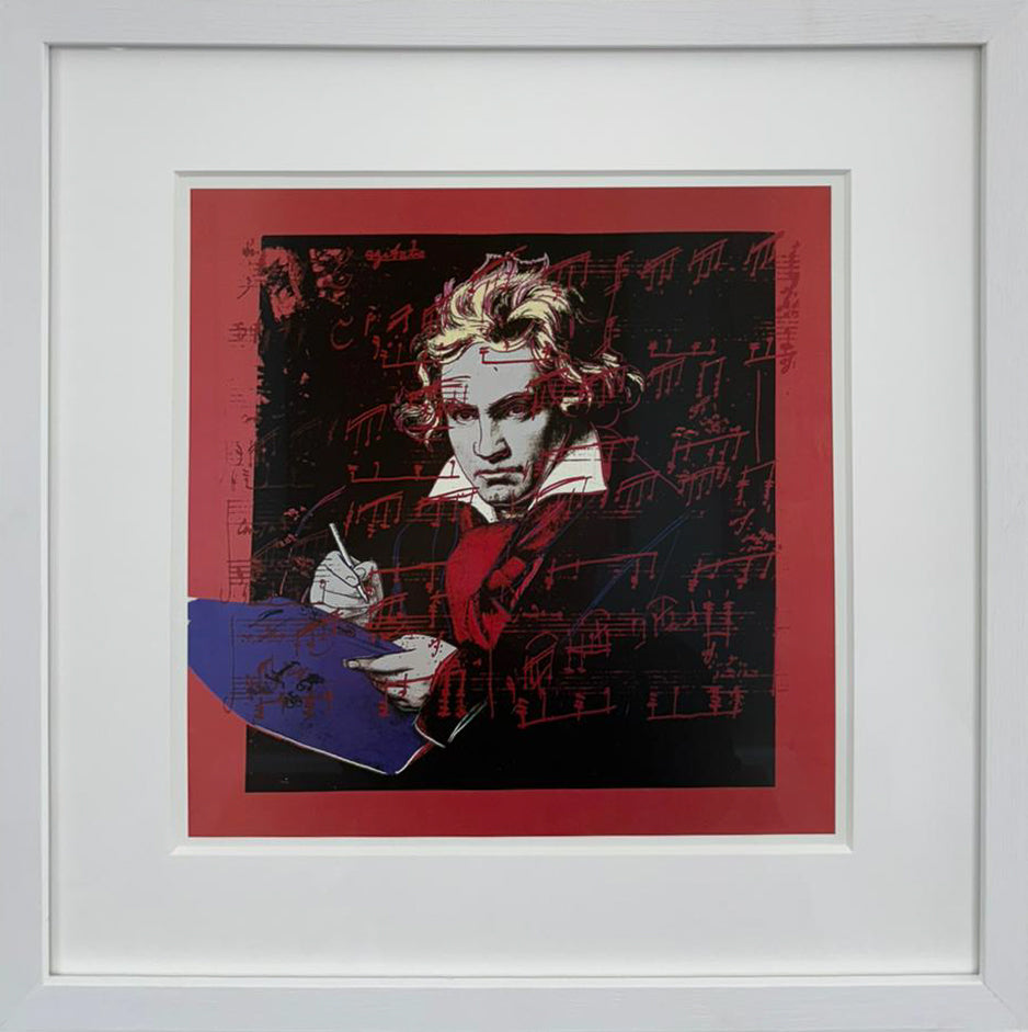 Andy Warhol's Ludwig van Beethoven portrait, rendered in red and black with sheet music