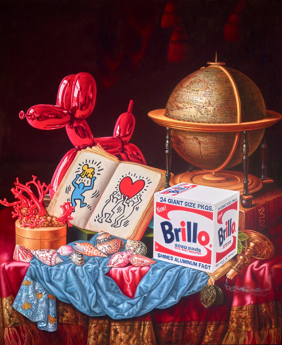 Atlas of Art by Leo Manelli, a contemporary original painting blending classical 19th-century oil techniques with modern pop icons, available at Creed Gallery Ascot serving London collectors.