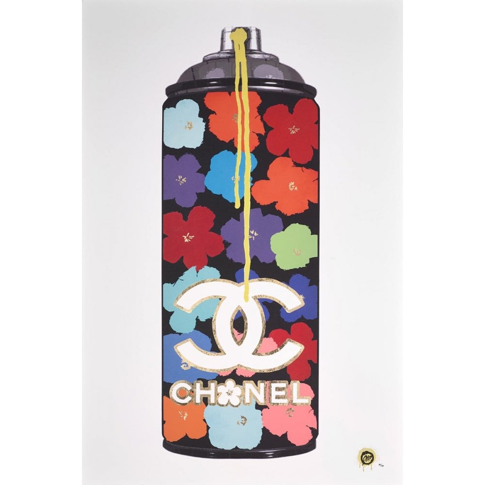 'Bottled Chic', an original mixed media stencil painting of a Chanel perfume bottle by Campbell La Pun, shown unframed for Creed Gallery Ascot and Windsor.