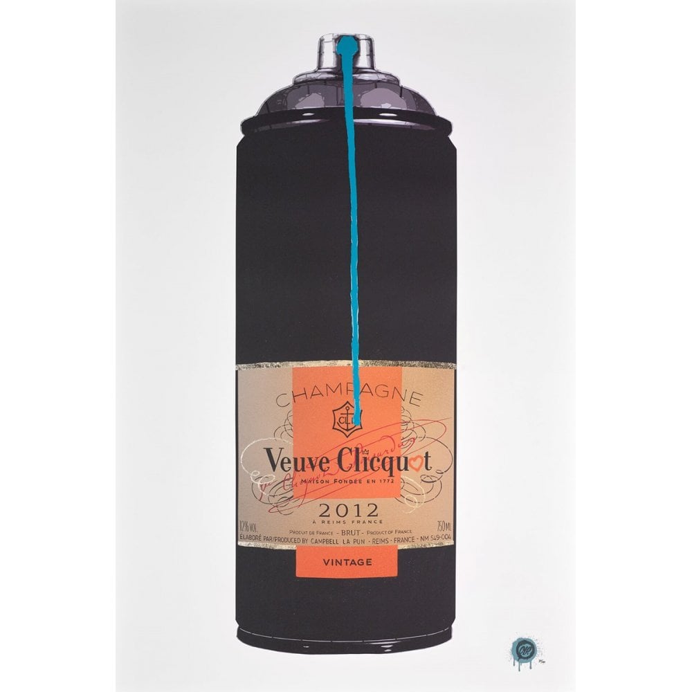 'Modern Vintage' by Campbell La Pun, a hand-embellished signed limited edition print of a champagne spray bottle, shown unframed for collectors in Windsor and Ascot.