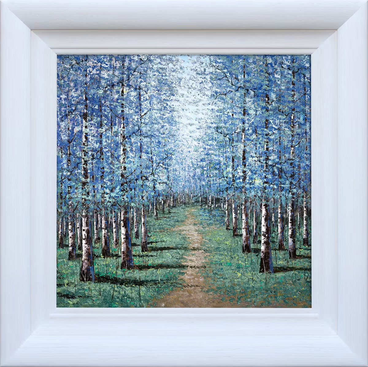 "Cerulean Dreams" by Inam, an original atmospheric landscape painting featuring a misty birch forest in shades of blue and silver, available at Creed Gallery Ascot.