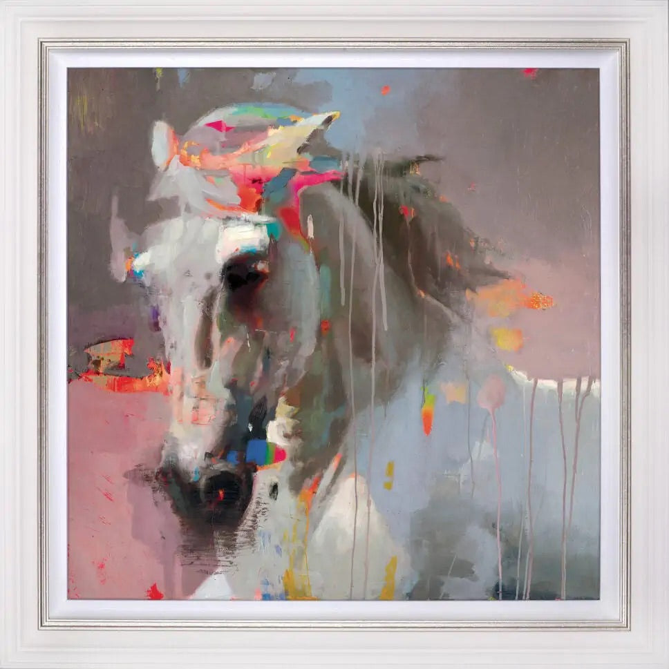 Christian Hook 'Cielo De Naranjos' hand-signed, hand-embellished limited edition equestrian painting on canvas, featuring an abstract horse subject on a textured grey background with colourful accents, available at Creed Gallery in Surrey.