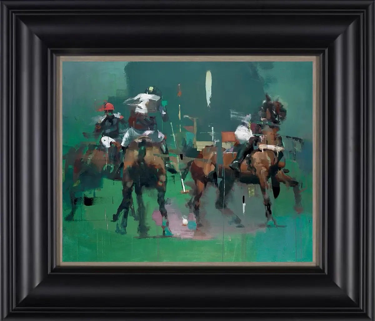 Christian Hook 'Grey Green' large hand-signed limited edition equestrian print on board, depicting a dramatic polo match with horses and players, framed for sale at Creed Gallery in Surrey.