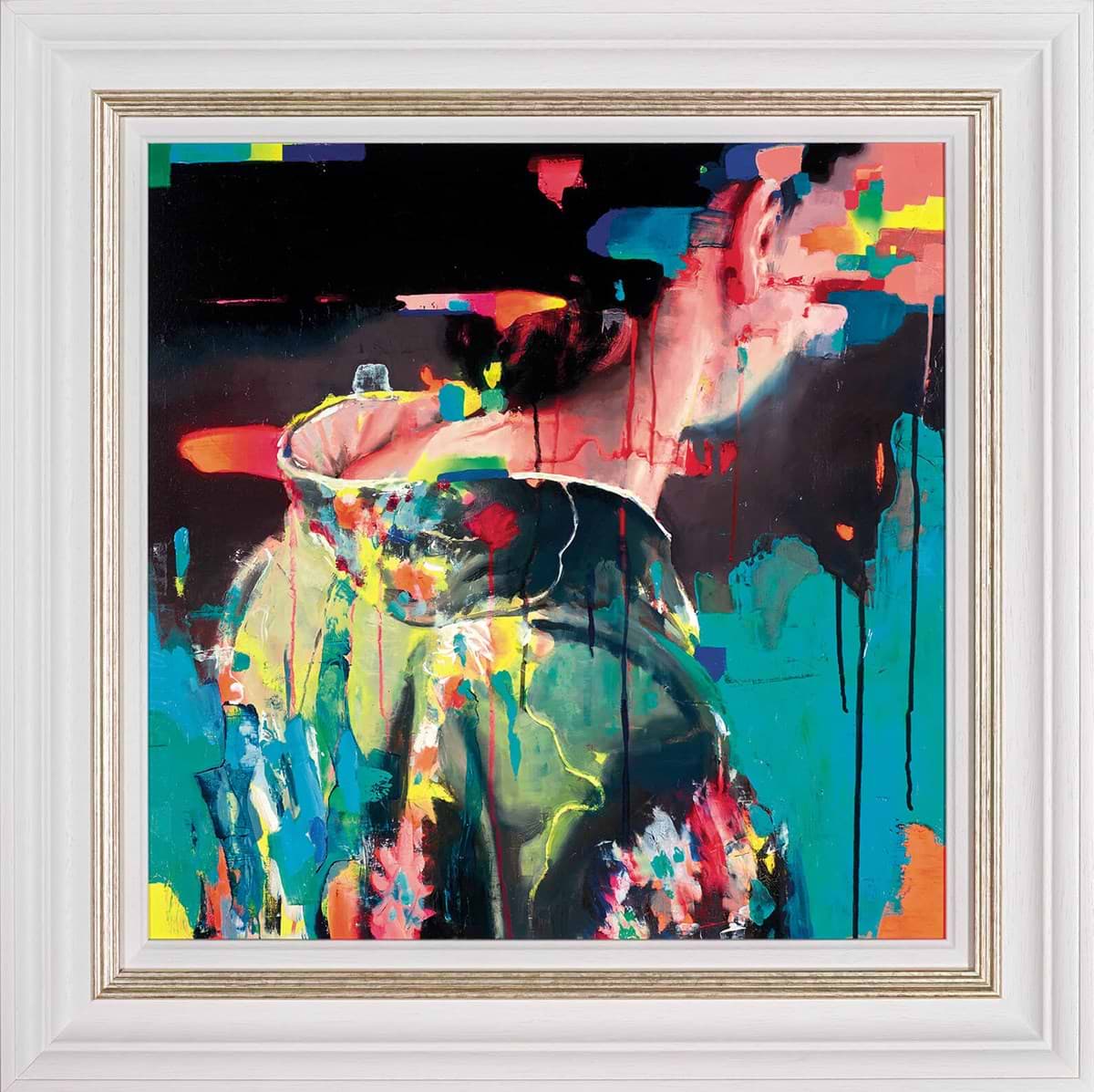 Christian Hook 'Neon Electronica Delta' hand-signed, hand-embellished limited edition print on board, featuring a contemporary Geisha subject with neon paint accents, available at Creed Gallery near Windsor, Surrey.