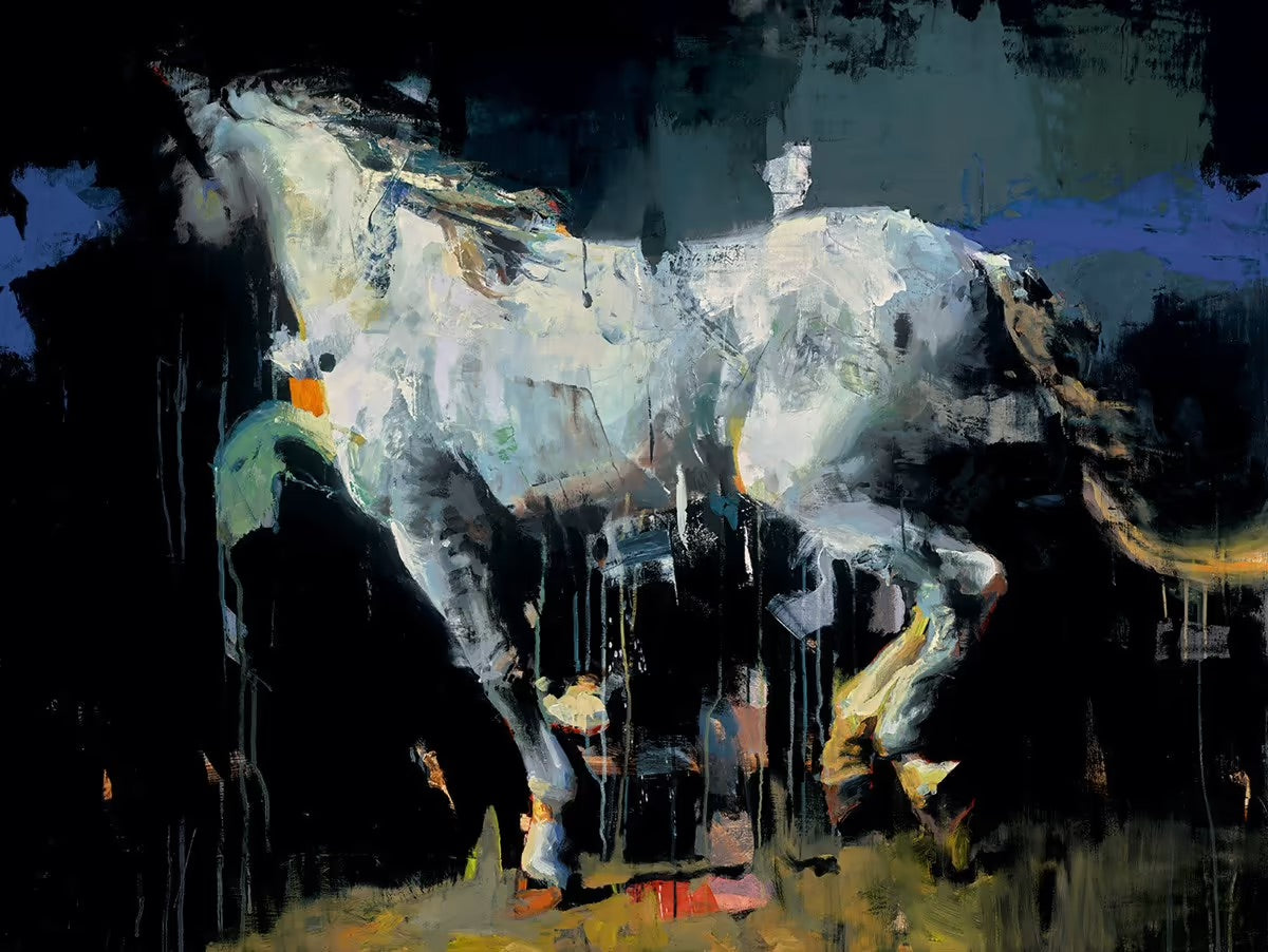 Christian Hook 'Two Blues and an Orange' large hand-signed limited edition equestrian painting on canvas, featuring an abstract study of a stallion with vibrant orange accents, framed for sale at Creed Gallery in Surrey.