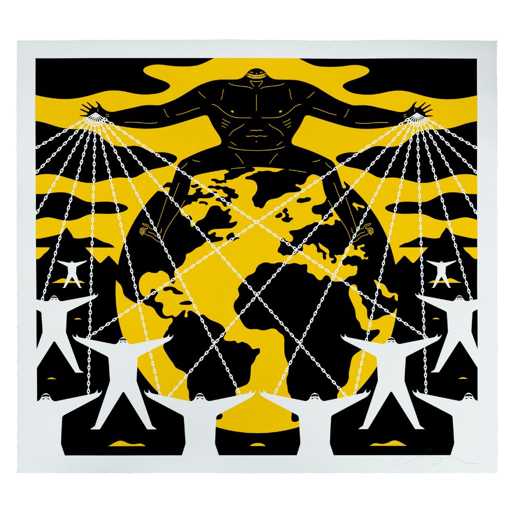 'It's Mine' by Cleon Peterson, a limited edition signed screen print featuring monochromatic shadow figures on archival paper, unframed at Creed Gallery Ascot.