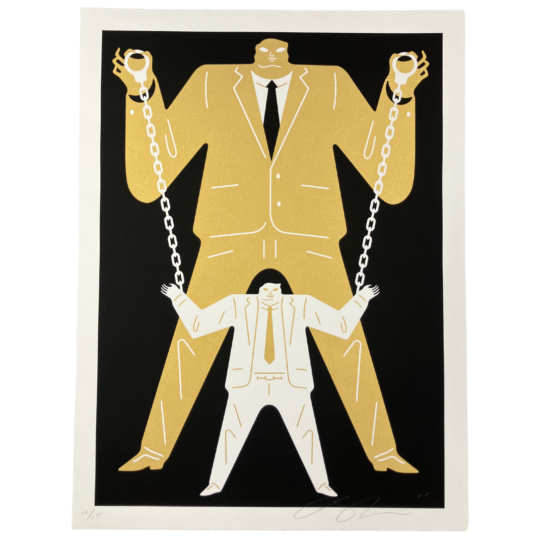 Little Big Man - Mueller _ Trump (Gold) by Cleon Peterson, a signed limited edition silkscreen print on fine art paper with deckled edges, available at Creed Gallery.