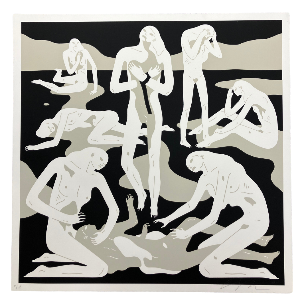 Virgins (White) by Cleon Peterson, a signed limited edition silkscreen print on fine art paper with deckled edges, featuring stylized monochrome figures, available at Creed Gallery.