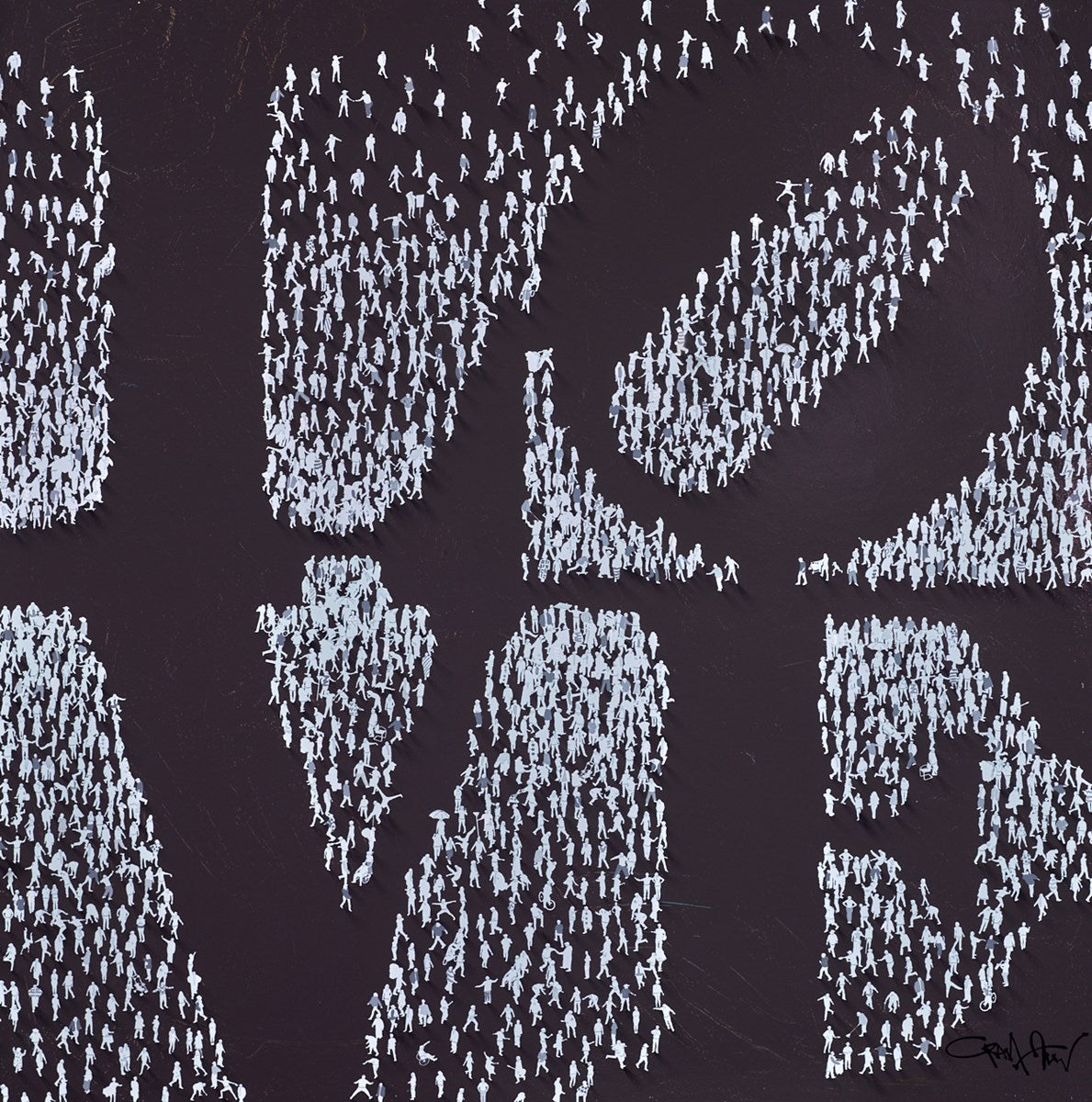 ‘Everyone’ by Craig Alan – A large original acrylic on box canvas featuring hundreds of miniature hand-painted figures forming the word 'LOVE' against a dark background with Westminster and Big Ben silhouettes, available at Creed Gallery Ascot.