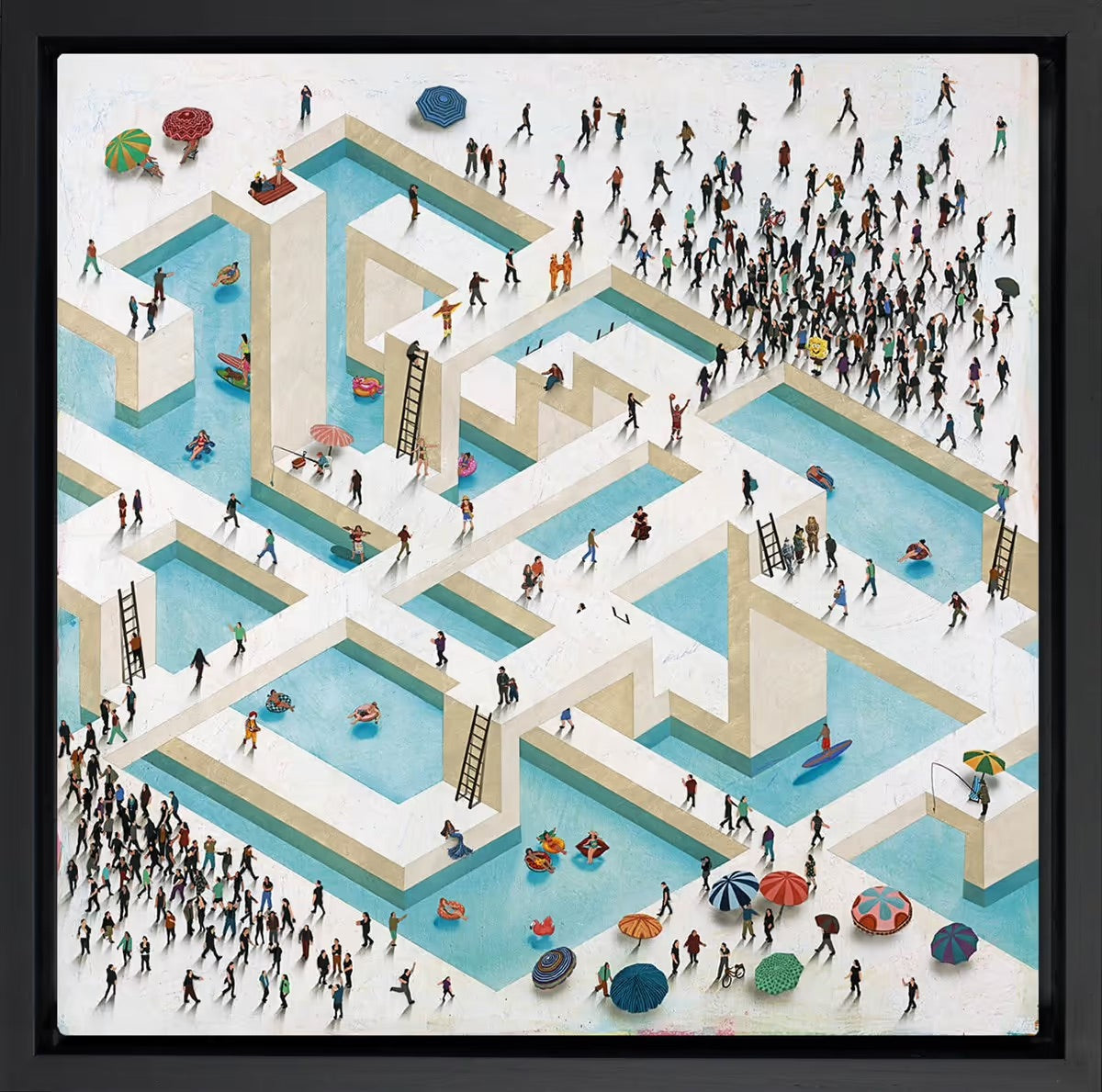 ‘Pool Party’ by Craig Alan – A square hand-embellished giclée on canvas featuring a maze-like swimming pool complex with miniature hand-painted figures navigating walkways and lounging under colorful umbrellas. Framed in a contemporary black floating frame, available at Creed Gallery Ascot.