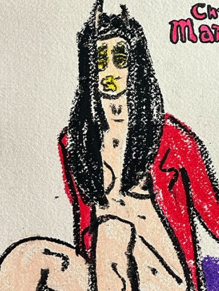 Detailed view of the central figure in "A Celebrity Affair," showing the vibrant red oil pastel and black ink character design. This 21 x 29.7 cm original work explores themes of Hollywood celebrity culture and fame.