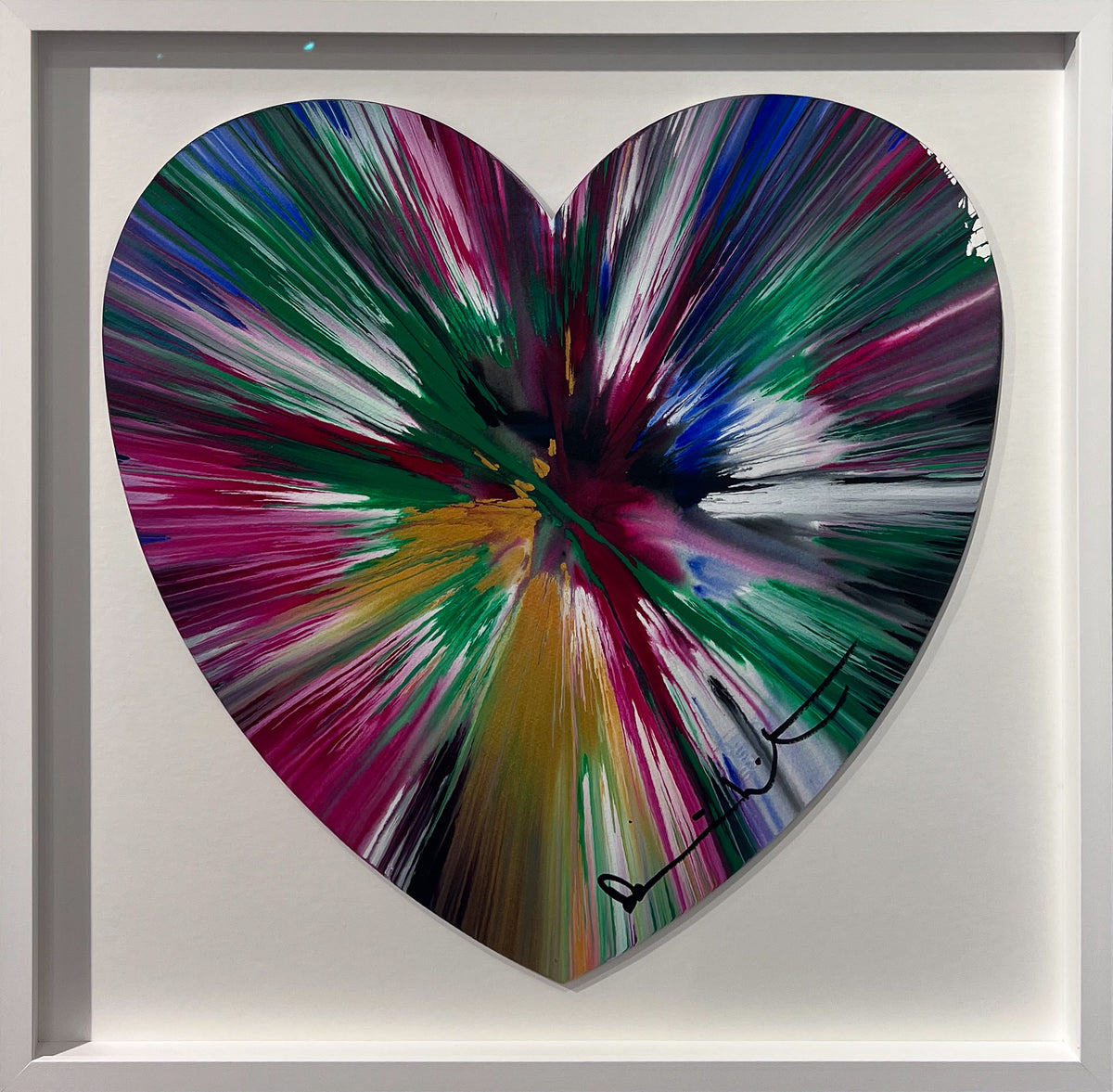 Damien Hirst heart-shaped spin painting in green, magenta and pink, signed and framed in white, at Creed Gallery, Ascot