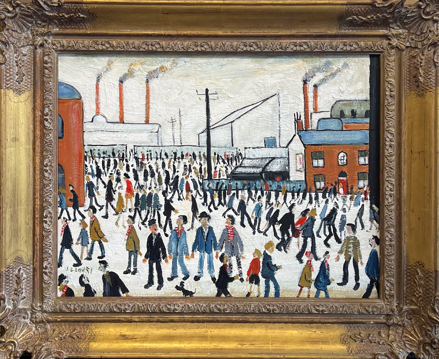 David Henty's homage to L.S. Lowry, a crowd of football supporters walking beneath factory chimneys in matchstick figures
