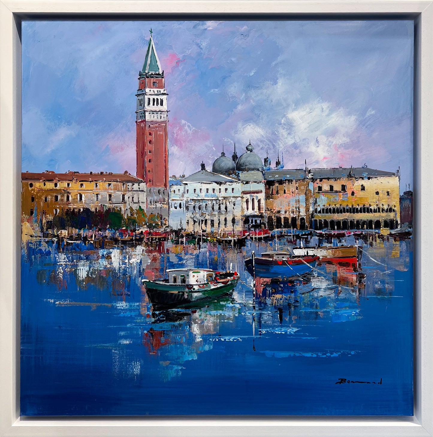 Framed original painting A View of Venice III by Bernard, styled for a luxury Ascot home or London interior, showcasing the artist's textured Impressionist style.