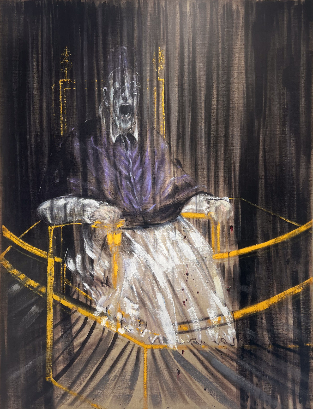 Francis Bacon print of a screaming pope in a purple robe, seated behind vertical curtain-like lines, after Velázquez