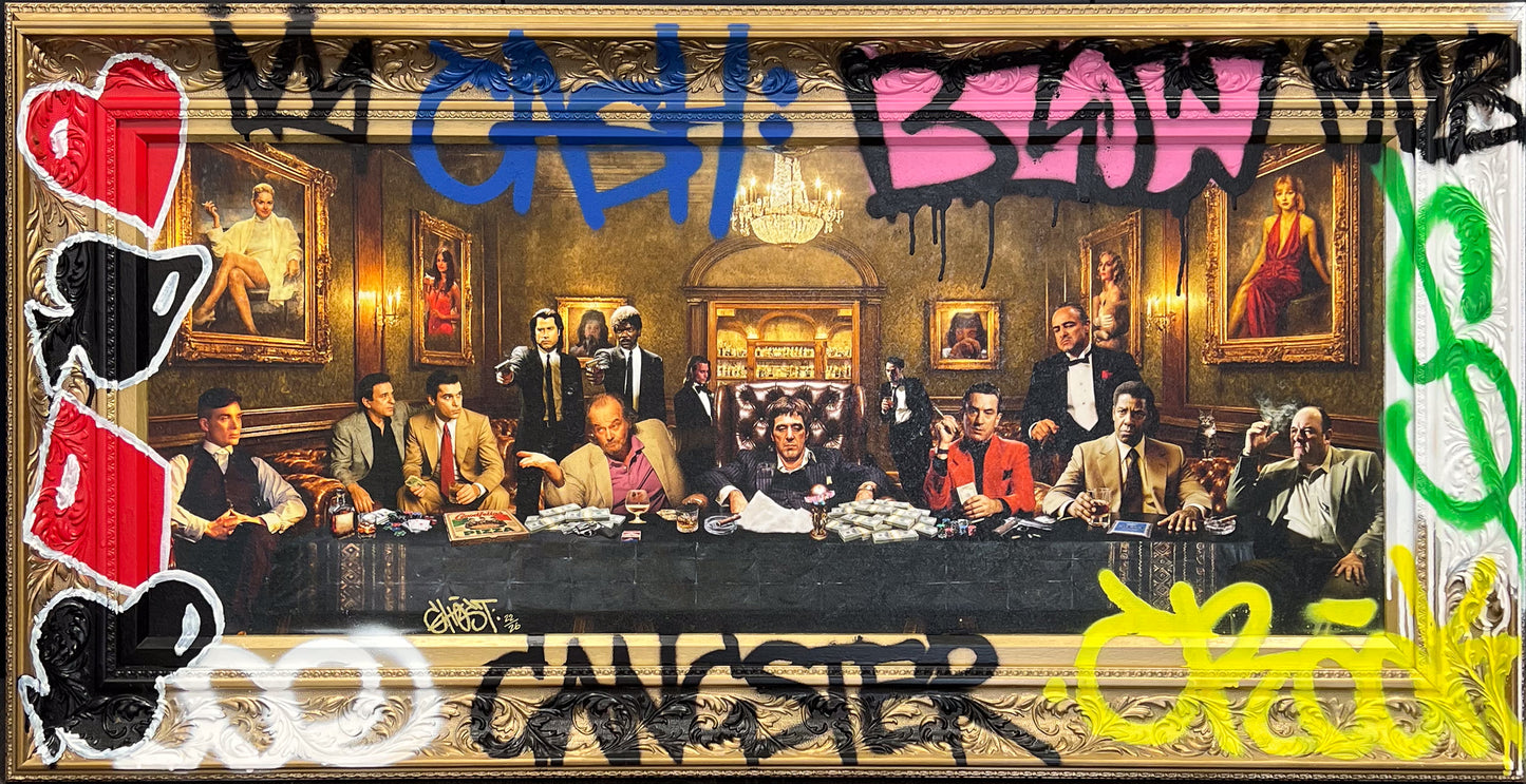 Ghost's Gangster Party, a Last Supper-style composition of crime film characters around a table, with a graffiti-tagged gilt frame