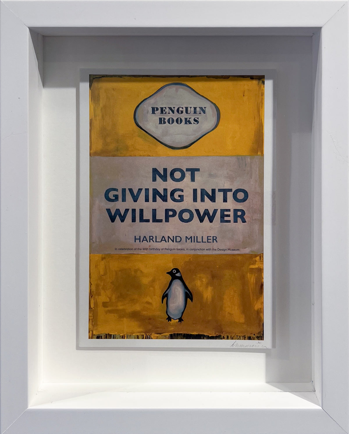 Harland Miller print styled as a worn vintage paperback cover with the title Not Giving Into Willpower, framed