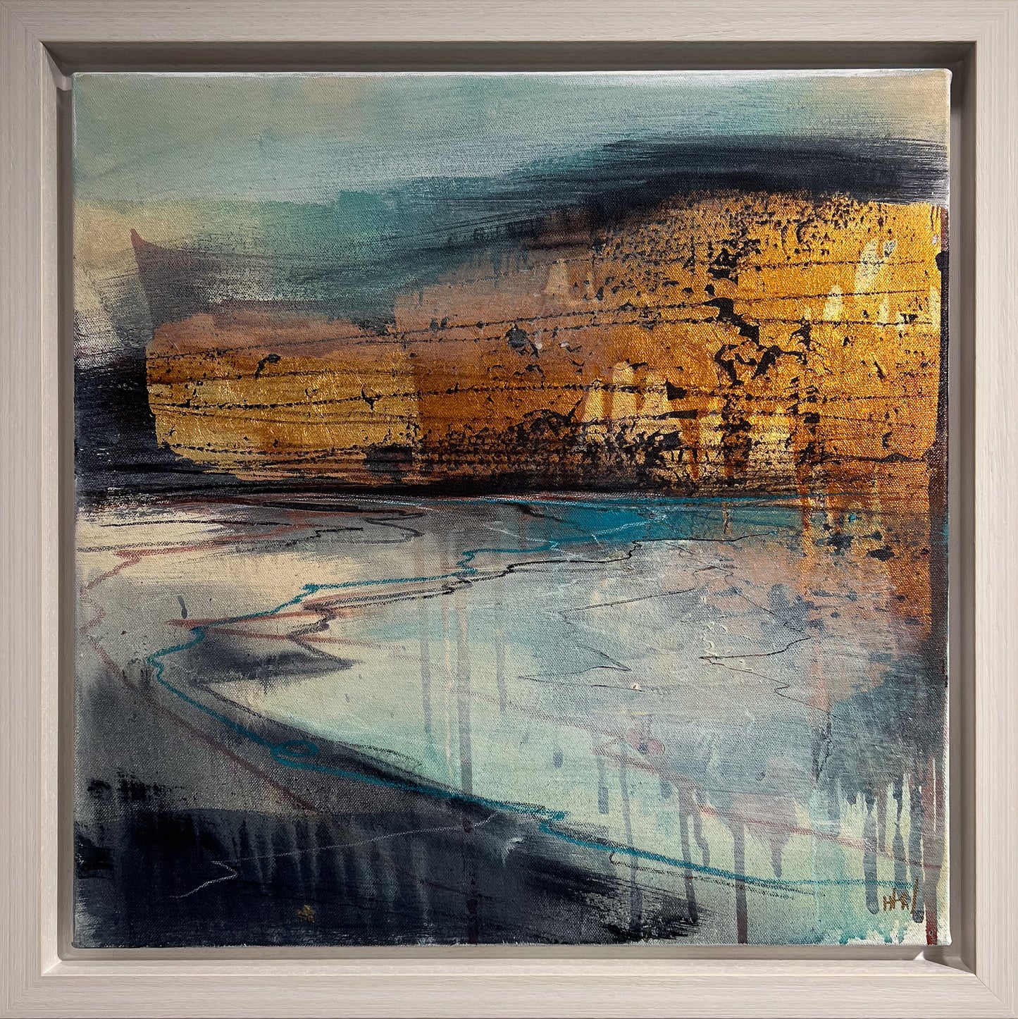 Framed contemporary abstract landscape "Golden Horizon II" by artist Ian H Watkins on display at Creed Gallery, Ascot.