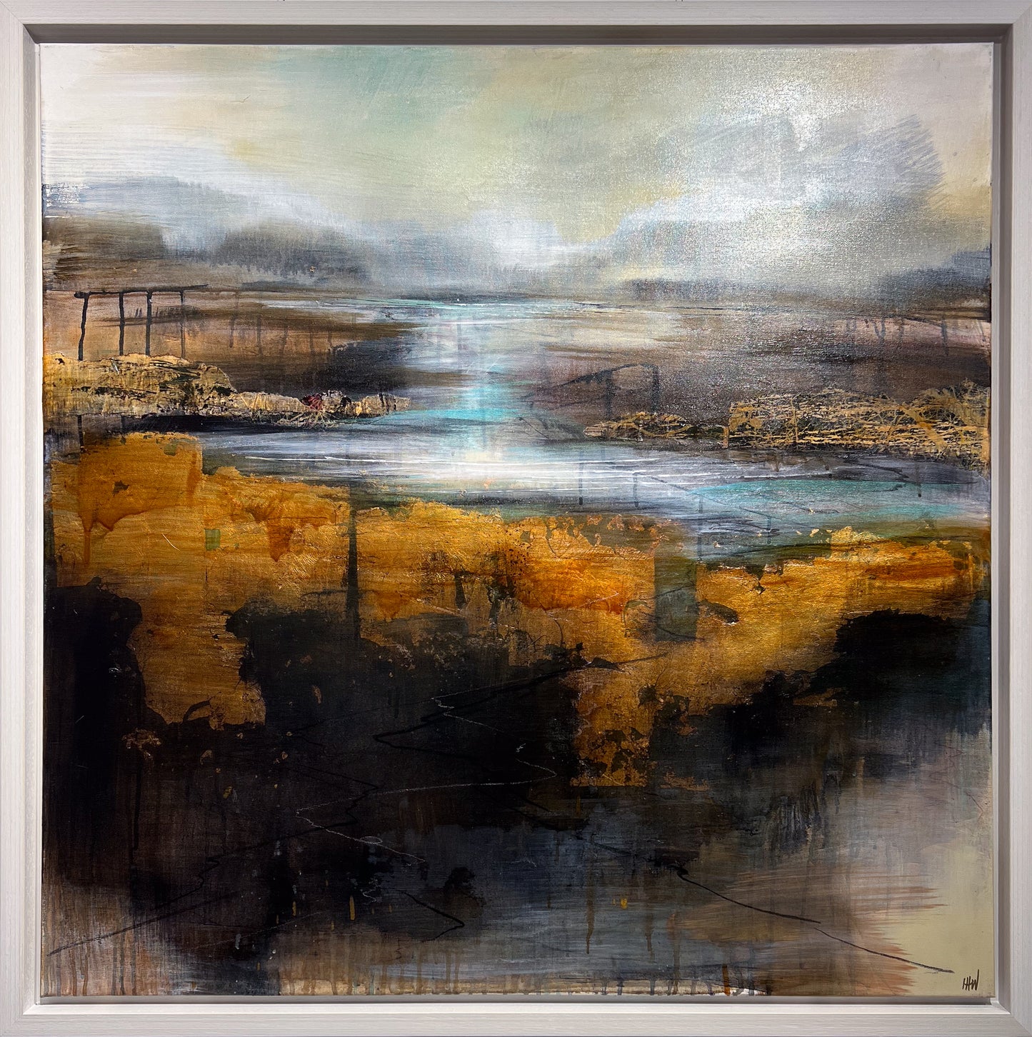 Framed contemporary Welsh landscape Tir a Tonnau by Ian H Watkins on display at Creed Gallery Ascot, Berkshire.