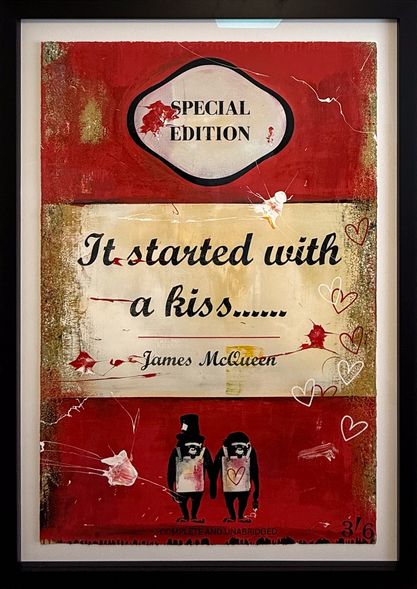 James McQueen "It Started With A Kiss" unique 1/1 original artwork. Mixed-media painting on fine art paper with vintage book patina. Now on view at Creed Gallery, the leading Art Gallery for Virginia Water and Wentworth collectors.