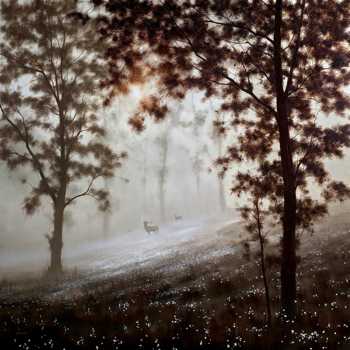 John Waterhouse The Harbingers Call original oil, atmospheric British countryside landscape, Creed Gallery Ascot, Berkshire.