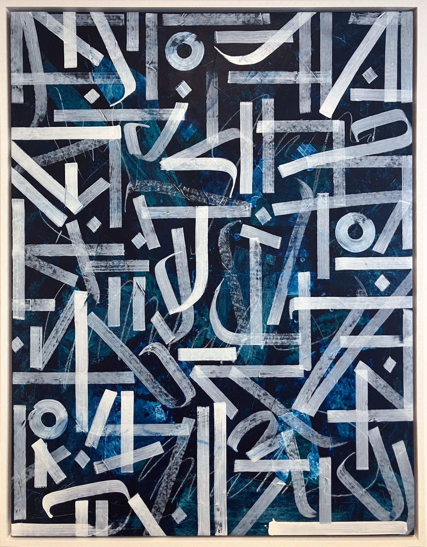 Kate Paul White on Turquoise original abstract calligraphy, vibrant contrast, Creed Gallery Ascot, Berkshire.