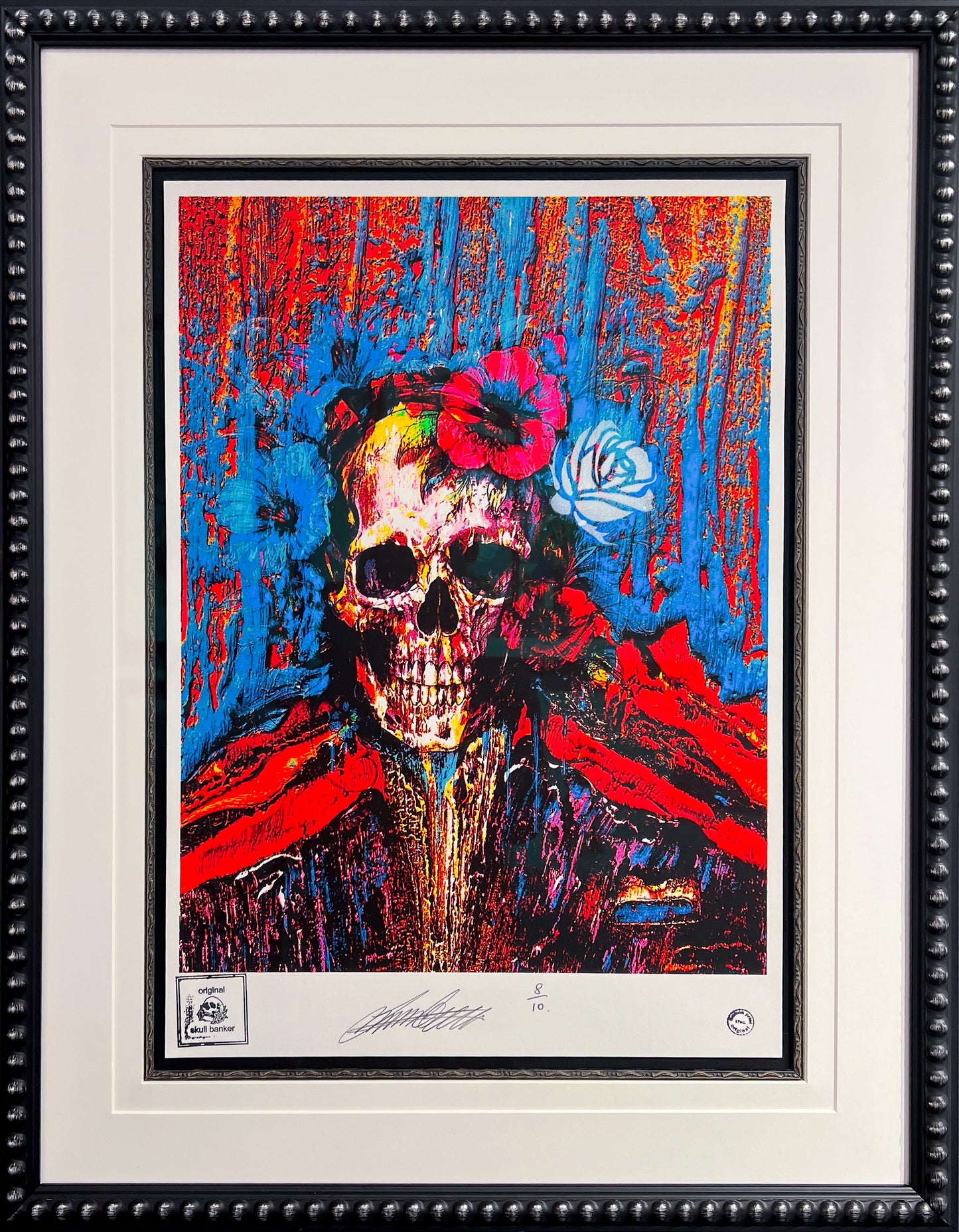 Original mixed-media figurative painting "Skull Banker | White Rose" by Lincoln Townley with a black mount at Creed Gallery Ascot.