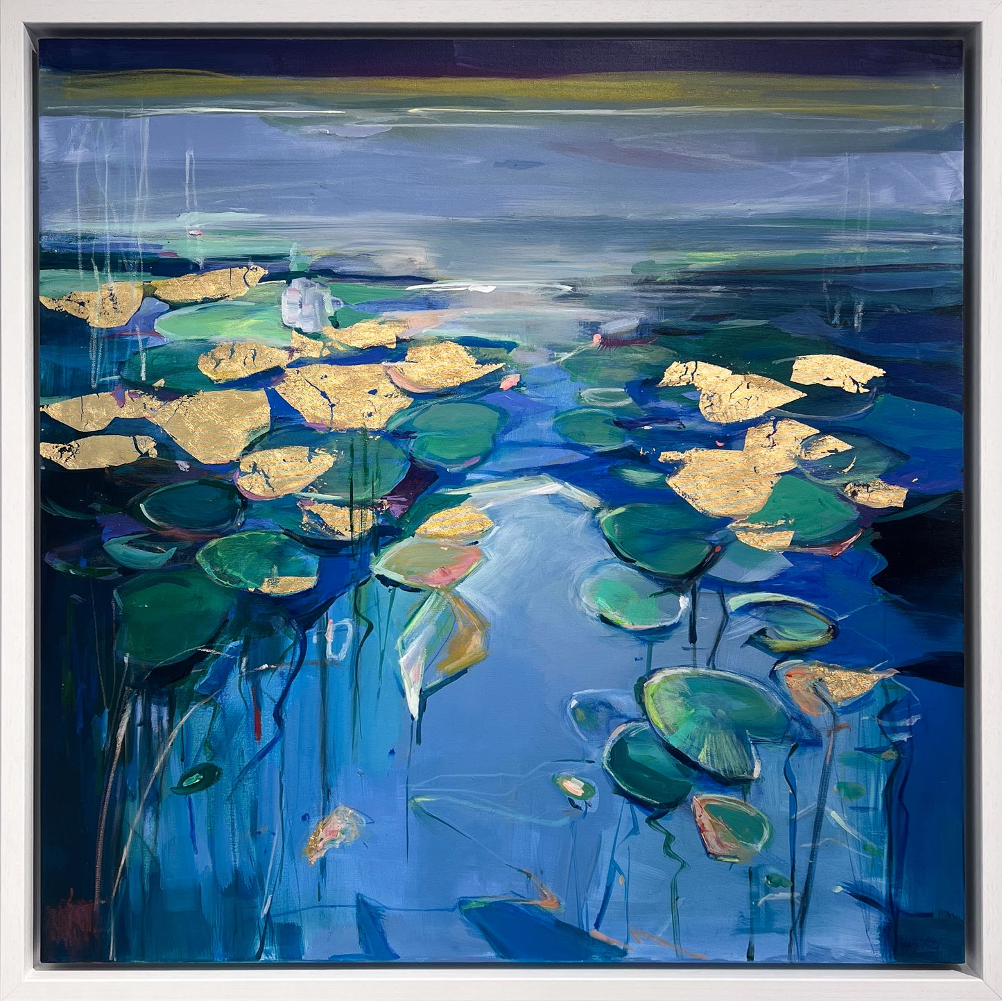 Framed original 'Waterlilies III' painting by Magdalena Morey, displayed in a modern frame at Creed Gallery, Ascot.