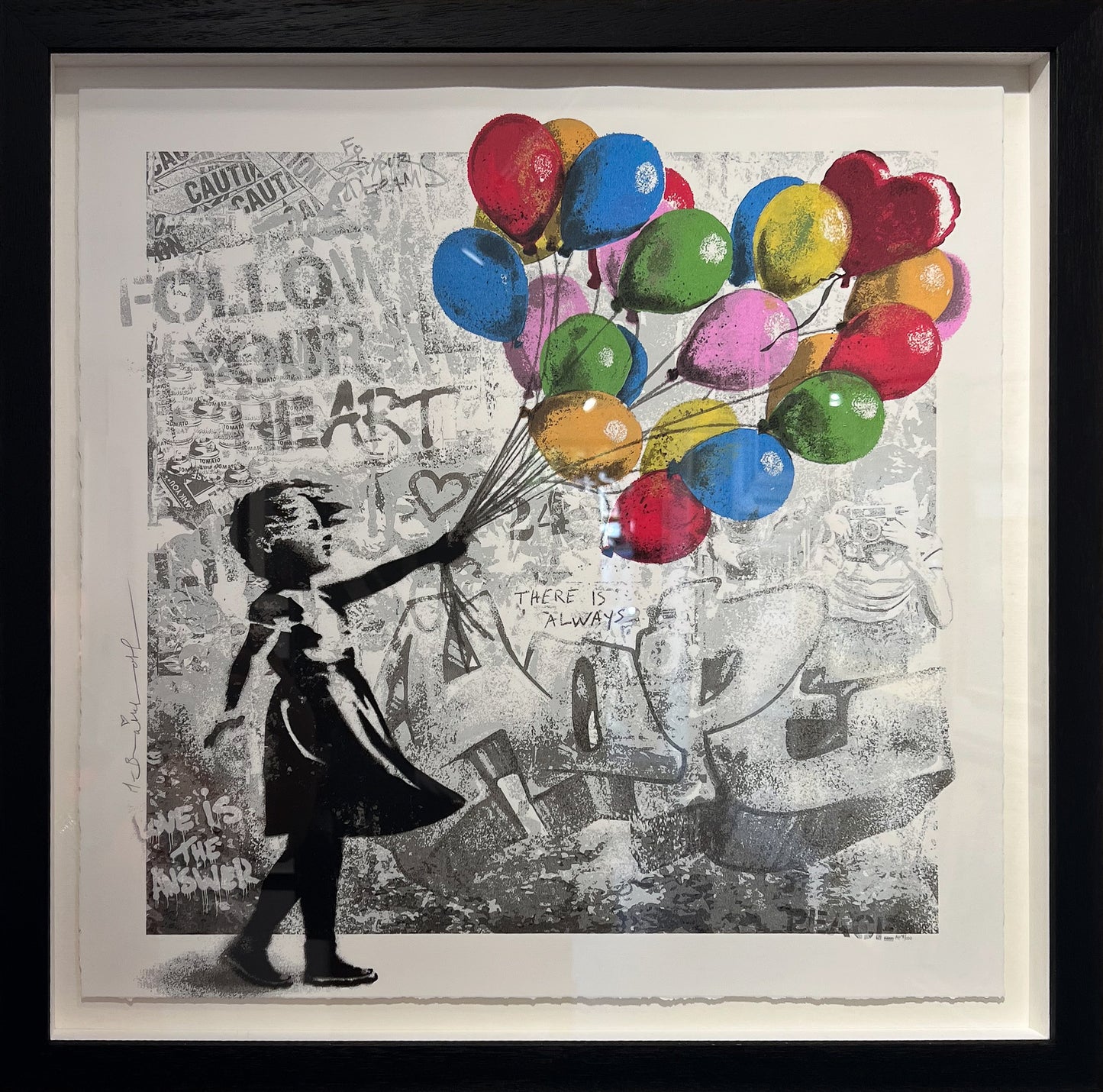 Mr Brainwash's Hope is Beautiful silkscreen: a girl releasing a heart-shaped cluster of balloons against a graffiti wall