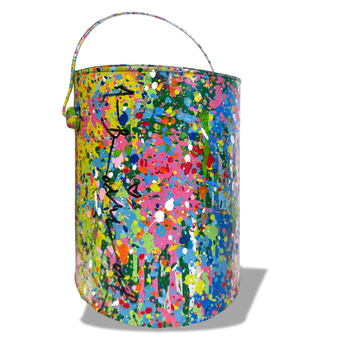 Original signed Splash Bucket sculpture by Mr. Brainwash featuring colourful hand-applied paint splashes on a reclaimed bucket, vibrant street art style